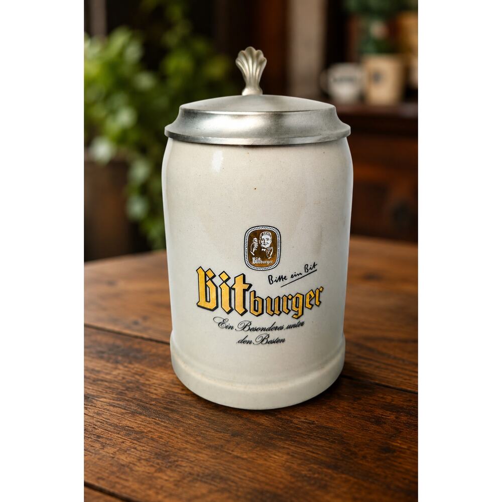 Vintage 1970s Bitburger Beer Stein Stoneware Pewter Zinn Rastal Lid